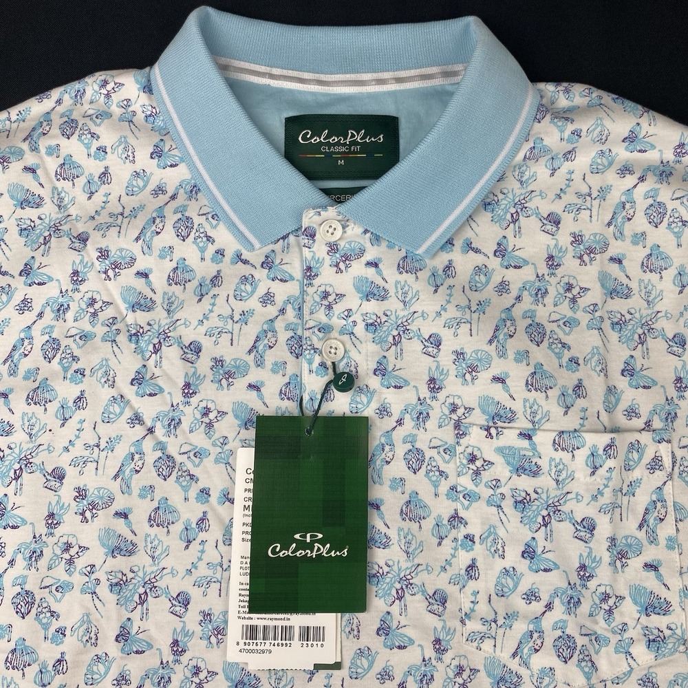 ColorPlus Short Sleeve Shirt Mens Medium Powder Blue Hummingbird Print‎ NWT!